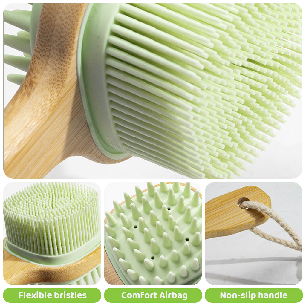 MAYCREATE Bath Brush 12.8 Inches Double Sided Silicone Body Massager Brush Back Scrubber Brush Wooden Handle Body Exfoliation Bathing Brush, Green MAYCREATE Bath Brush 12.8 Inches Double Sided Silicone Body Massager Brush Back Scrubber Brush Wooden Handle Body Exfoliation Bathing Brush, Green